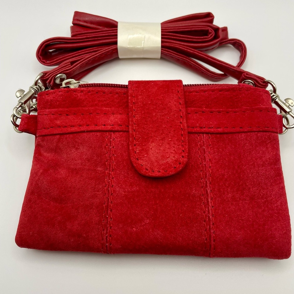 Elegant Red Suede Wallet Crossbody Bag. Detachable Strap. Zipper. Snap Closure